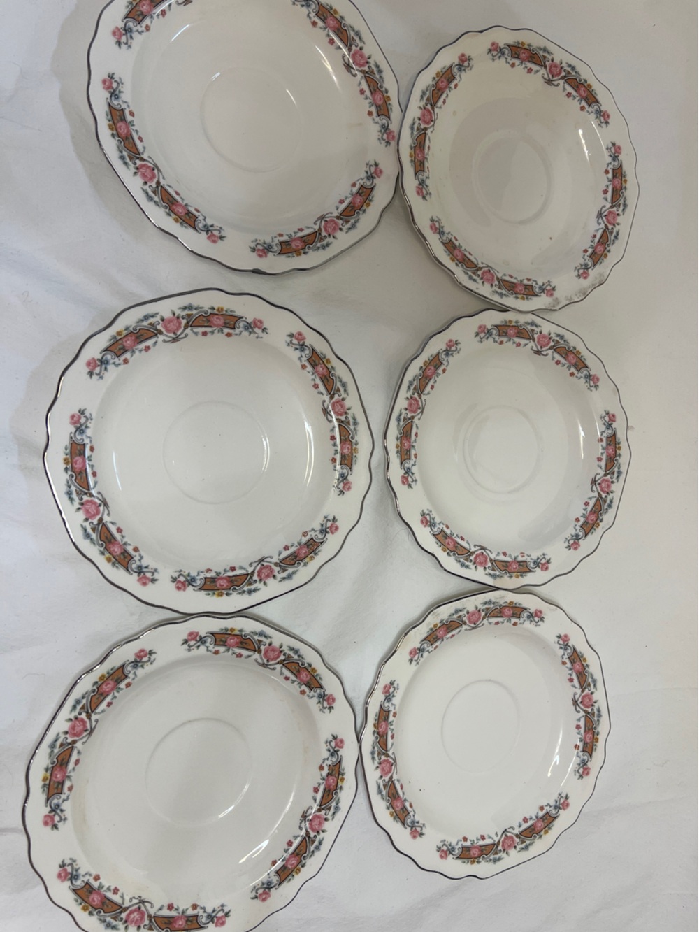 WS GEORGE Lido vintageWhite Porcelain saucers with Pink Floral Border - Set of 6